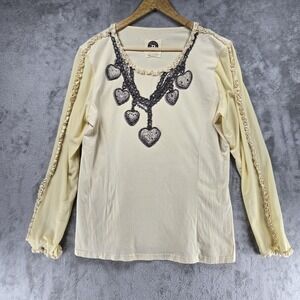 Double D Ranch XL Heart Necklace Tee Embellished Western Ruffle Sleeve Top Cream